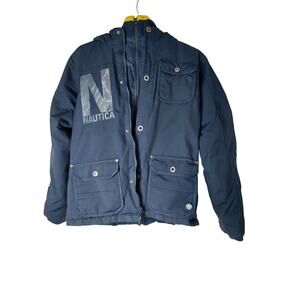 Vtg Nautica Jacket Coat Mens XXL Jacket With Hood Blue Down Winter 2XL Pre-Owned